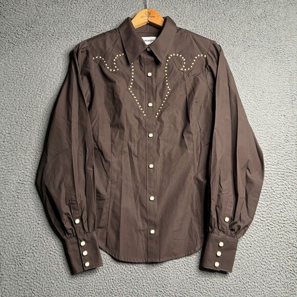 WRANGLER x YELLOW ROSE by Kendra Scott Rodeo Shirt Women M Brown Studded Western - Picture 1 of 12